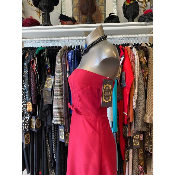 vintage 1990s red silk strapless dress a-line bow waist size small y2k gilmore - Picture 5 of 8